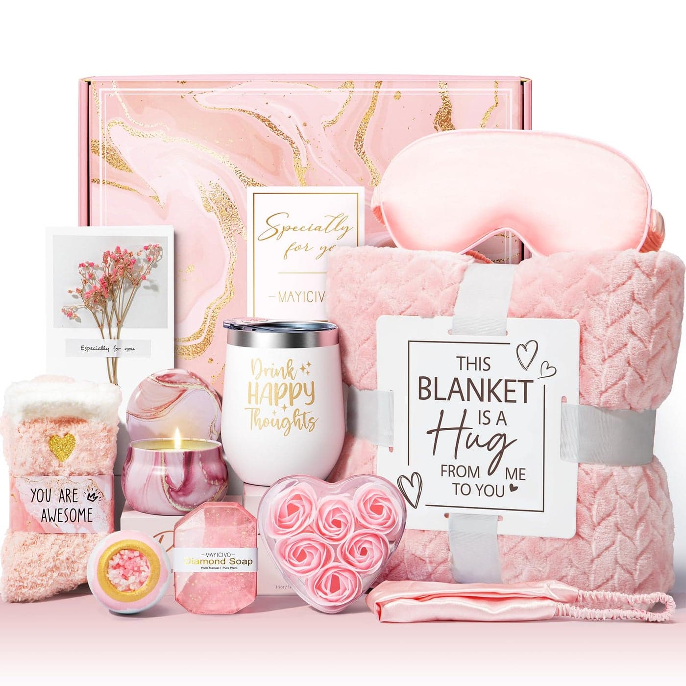 Birthday Gifts for Women Self Care Gifts Get Well Soon Gifts Rose Relaxing Spa Gifts Basket Care Package w Luxury Flannel Blanket Unique Mothers Day Gifts for Mom Her Friend Sister Wife Grandma