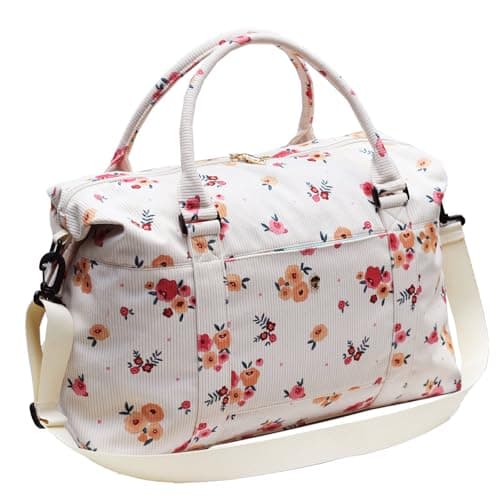 ESVAN Travel Tote Duffel Gym Bag,Weekender Overnight Carry-on Tote Crossbody Bag with Wet Pocket and Trolley Sleeve Upgraded (Corduroy Beige Flower)