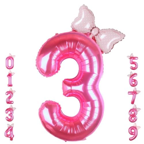Kwuz 40 Inch Pink Number 3 Balloon with Mini Bow Balloon for Girls 3rd Birthday Decorations Pink Girl Mouse Princess Western Cowgirl Theme Birthday Party Balloons Decorations Supplies