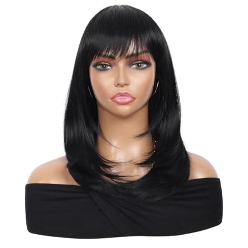 Kalyss Black Wig with Bangs Layered Wigs for Women Natural Looking Heat Resistant Synthetic Hair Wigs for Women Medium Long Straight Wig 18 Inches