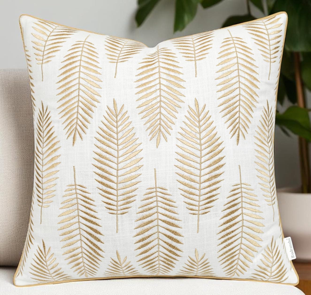 Rudransha Embroidered Daryl Leaves Decorative Square Accent Throw Pillowcase - Decor for Bedroom, Sofa, Chair, Patio, Car, Balcony, Bench, Porch, Living Room, Office - 20x20 Inches, Ivory