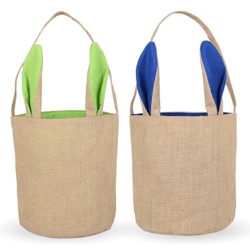 YOOLEETC 2PCS Easter Bunny Basket Burlap BucketsBunny Jute Easter Baskets BagsPop Burlap Easter Bunny Ear Bag For Kids Boys Girls Easter Egg Hunt BasketsGP