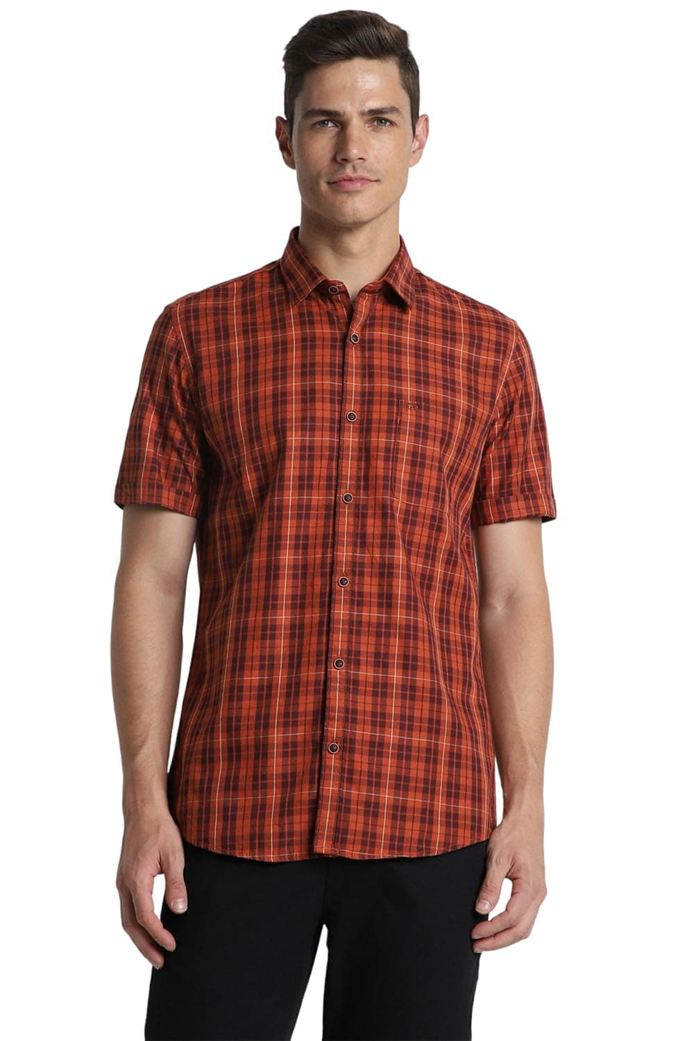 Peter England Men's Slim Fit Casual Premium Summer Half Sleeve Shirt | 100% Cotton Rust, 39