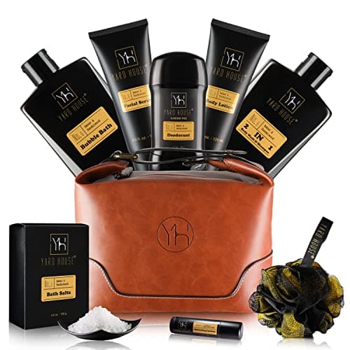 YARD HOUSE Bath and Body Gift Set for Men Sandalwood Amber Birthday Christmas Fathers Day Gifts From Wife Daughter Son for Husband Dad Relax Spa Kit w Full Size Items in Deluxe Toiletry Bag