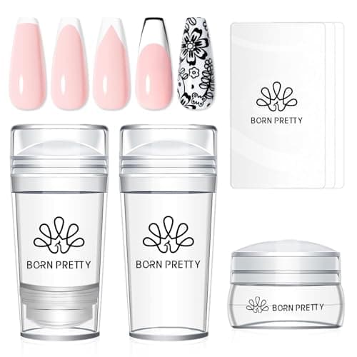Born Pretty French Tip Nail Stamp, 6PCS Art Stamper With Scrapers, Silicone Stamping Long & Short Jelly Stamper Kit for French Manicure Home DIY Art Salon