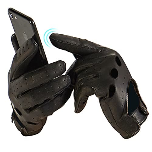 Harssidanzar Mens Lambskin Leather Driving Gloves Ulined Touchscreen GM026,Black,Size XL