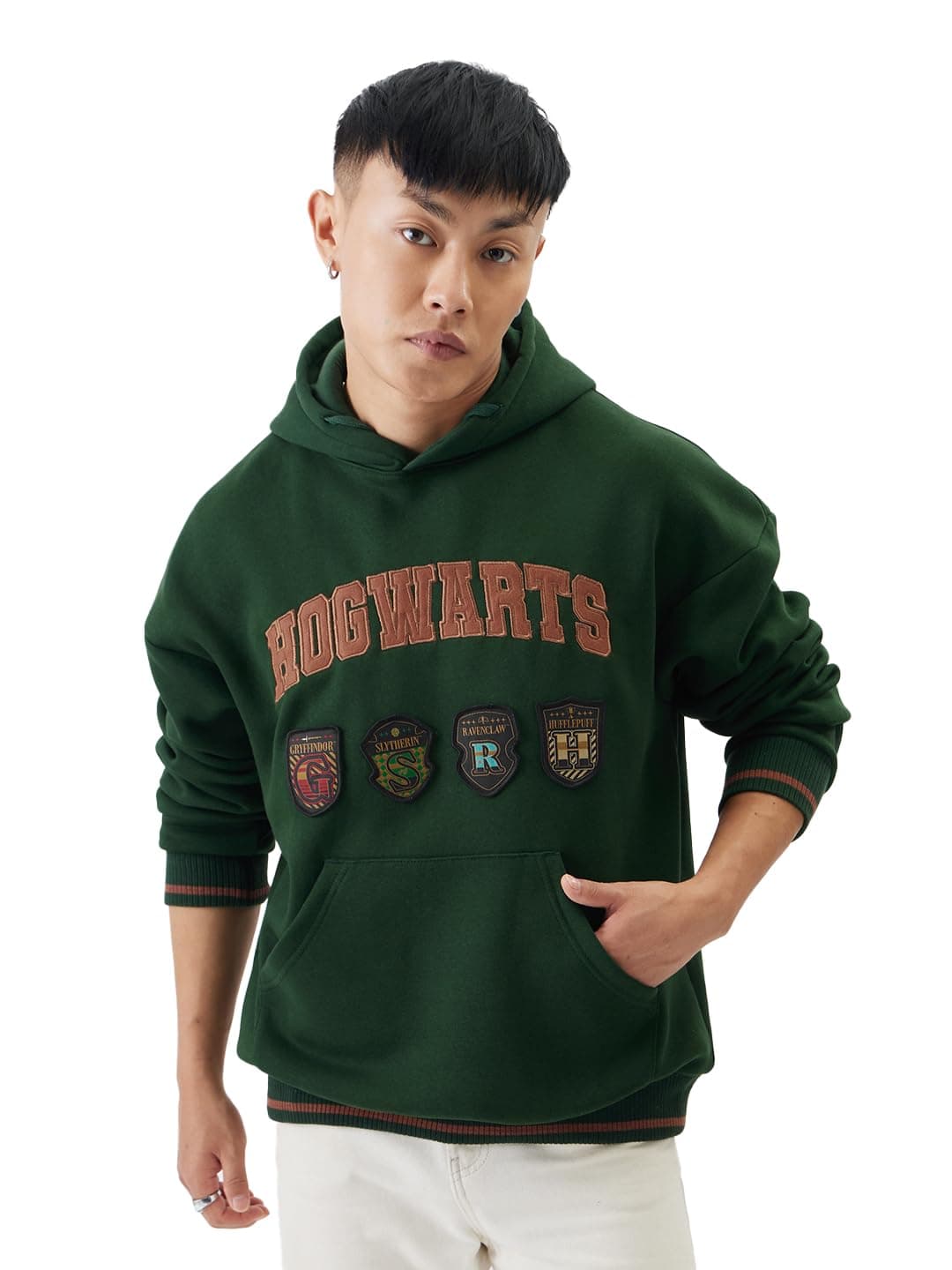 The Souled Store Harry Potter: The Houses Men Oversized Hoodies Dark Green Hoodies Sweatshirts Pullovers Fleece Zip-up Graphic Printed Solid Color Block Hooded Warm Cozy Casual Sportswear