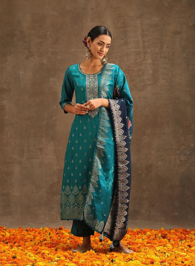 Libas Embroidered Silk Kurta And Solid Trousers With Jacquard Dupatta Set