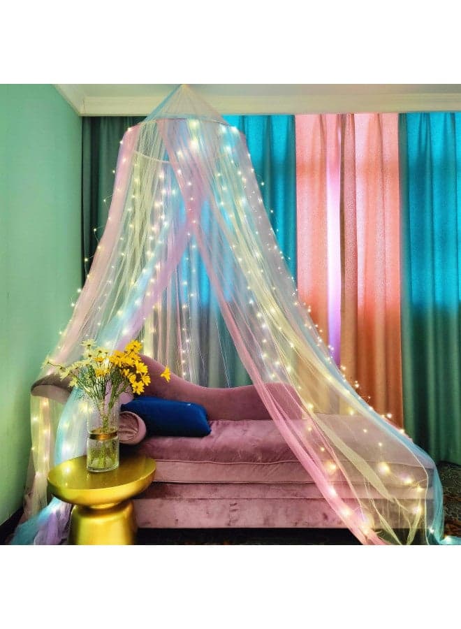 Eimilaly Princess Rainbow Bed Canopy with 250pcs Warm White Curtain Lights, Bed Canopy for Girls Room Decor or Unicorn Theme Party