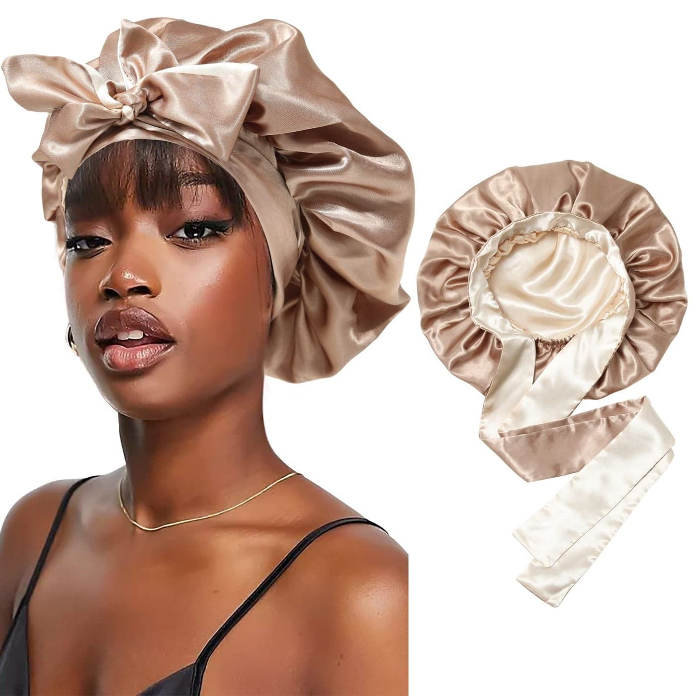 Satin Bonnet Silk Sleep Cap with Stretchy Tie Band for Curly Hair Silk Hair Wrap Coffee Champagne