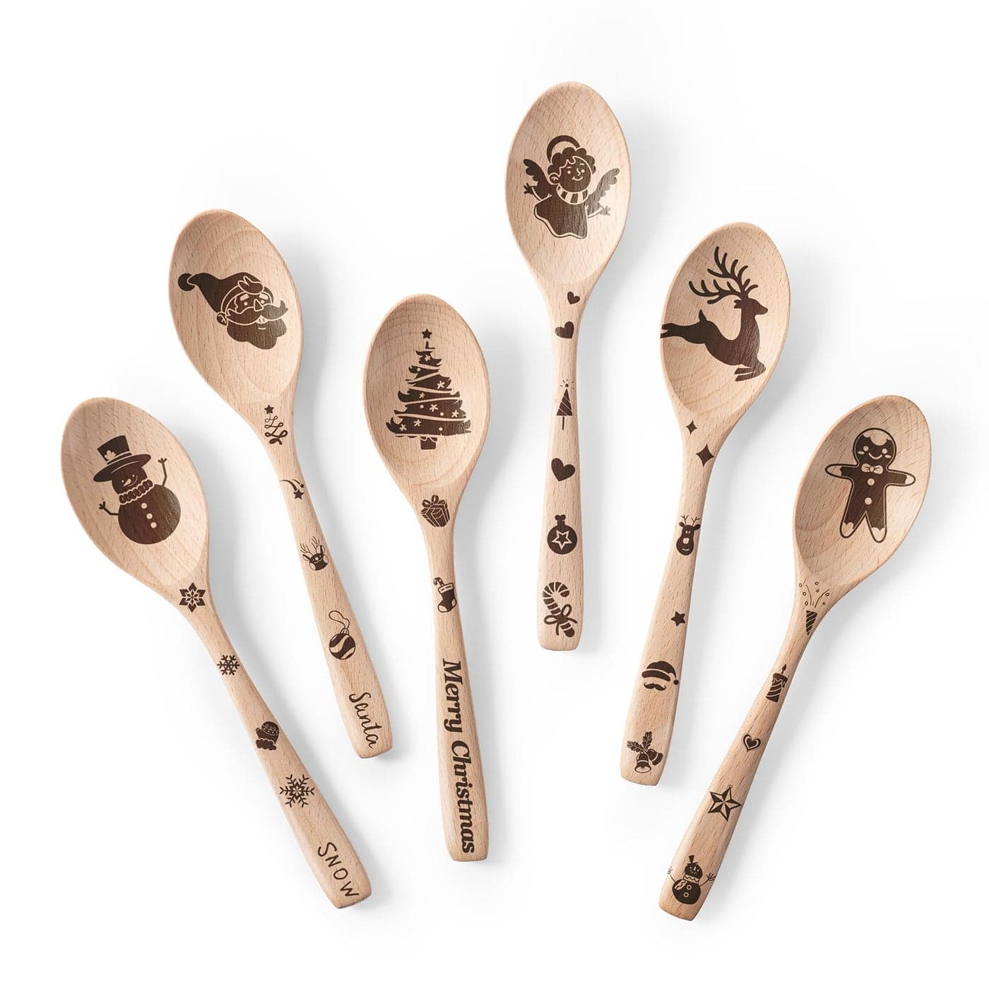 Hefild 73inch Small Wooden Spoons 6pcs Uncoated Beech Christmas Engraved Small Wooden Spoons Set Table Spoons for Present Honey Serving Eating Soup Chocolate coffee Tea