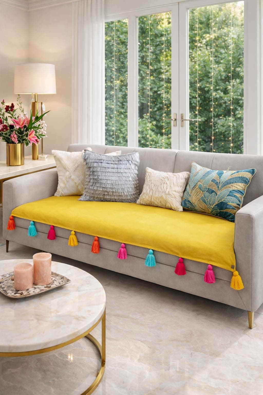 Yellow Sofa Cover Multicoloured Tassels :Thick & Washable Fabric, Antislip, Stylish & Functional Sofa Throw: Seat Protection -Set of 2 Seat Covers- 5 Seater Sofa Cover Set (3+2 Seater)