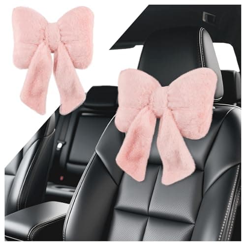VKQTS Furry Bow Car Headrest Pillow,Soft & Comfortable Car Neck Pillow for Cars Decorations & Fatigue Relief,Universal Head Rest Pillows for Cars Interior Accessories for Trucks,SUVs (Pink)