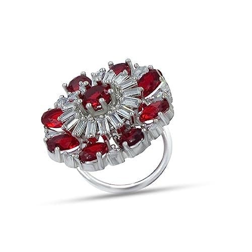 PRIVIU Studio Rhodium-Plated Red & White Ruby & AD-Studded Adjustable Finger Ring for Women & Girls
