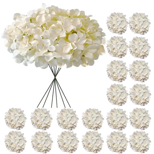 Cherica Hydrangea Artificial Flowers 20 Pcs Champagne Hydrangea Artificial Flowers Bulk Faux Hydrangea Flowers for Outdoor Fake Silk Ivory Hydrangea Flowers with Stems for Wedding Decoration Decor