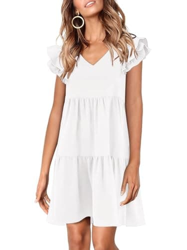 Zwurew Babydoll Dress for Women V Neck Cute Ruffle Sleeve Vacation Summer Dresses for Women 2025 White Dress