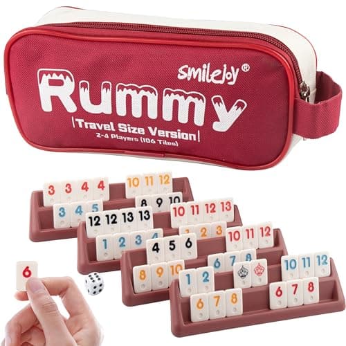 Smilejoy Mini Rummy Cube 4 Players EditionTravel Rummy Game Set with Portable Canvas BagClassic Board Game for Adults and Kids 106 Tiles 4 Playing Racks 1 Dice 24 Player