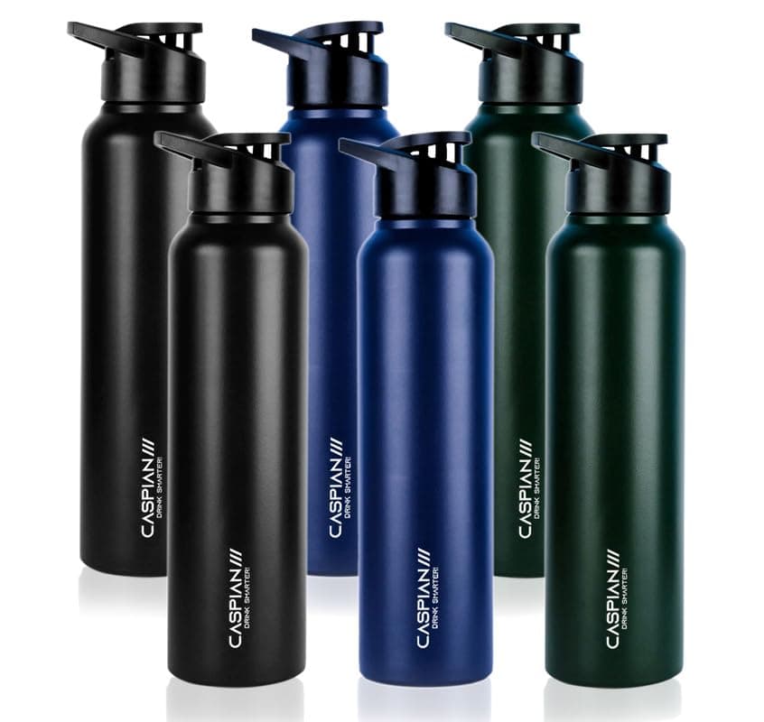 CASPIAN /// Hike Stainless Steel Sipper Water Bottle (Black, Blue, Green, 1 Litre, Set of 6)| Leak Proof Thunder for Fridge Home Office Travel School Kids Boys Girls Adults Sports Gym Yoga