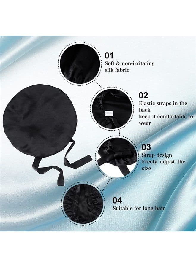 Silk Bonnet for Sleeping 100% Mulberry Silk Sleep Cap for Women Hair Care Night Cap with Adjustable Ribbons(Large, Black)