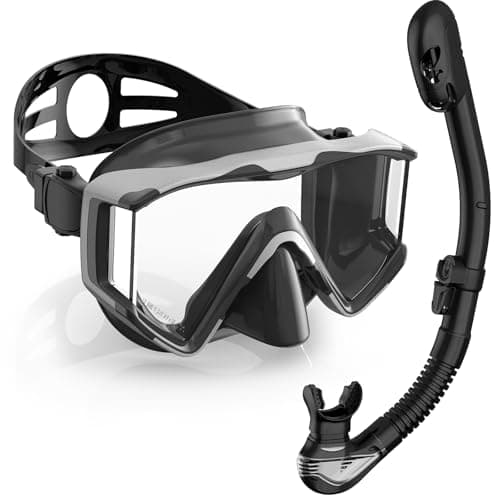 Greatever Snorkel Set Pano 3 Window Snorkel Mask Adult Panoramic Wide View AntiFog Scuba Diving Mask AntiLeak Snorkel Goggles Dry Top Snorkel Professional Snorkeling Gear for Adults