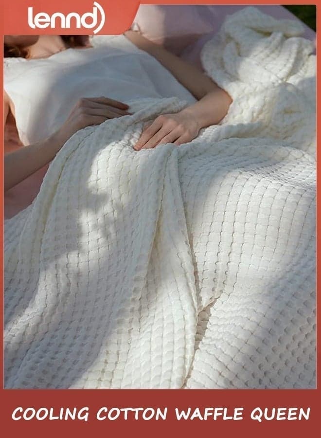 Lennd Cooling Cotton Waffle Queen Size Blanket - Lightweight Breathable Summer Soft Blanket of Rayon Derived from Bamboo for Hot Sleepers, Luxury Throws for Bed, Couch and Sofa, Ivory, 200x230 cm