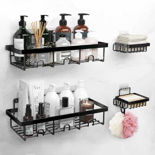 4-Pack Adhesive Shower Caddy - Rustproof Stainless Steel Shower Organizer - Large Capacity No-Drill Shower Shelves for Inside Shower Storage - Versatile Wall Mount Rack for Bathroom & Kitchen (Black)