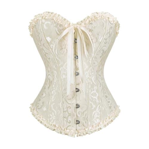 frawirshau Women's Lace Up Boned Overbust Corset Bustier Bodyshaper Top Beige 2X