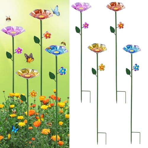 4 Pack Bee Watering Station Bee Bath for Garden Colorful Metal Bee Bird Butterfly Water Feeder Supplies for Outdoor Garden Yard Farm Decor Flower Design Blue Yellow Orange Purple