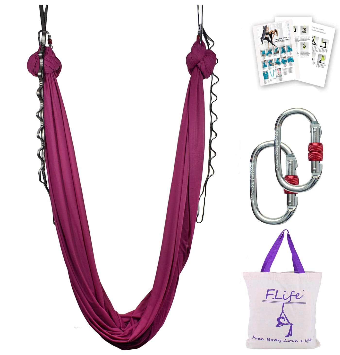F.Life Aerial Yoga Hammock kit Include Daisy Chain,Carabiner and Pose Guide (Burgundy)