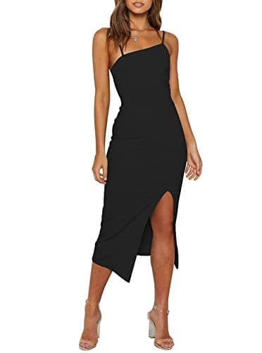 OWIN Black Dresses for Women Sexy Sleeveless Spaghetti Strap Wedding Guest Dresses Side Slit Cocktail Party Dress Black L