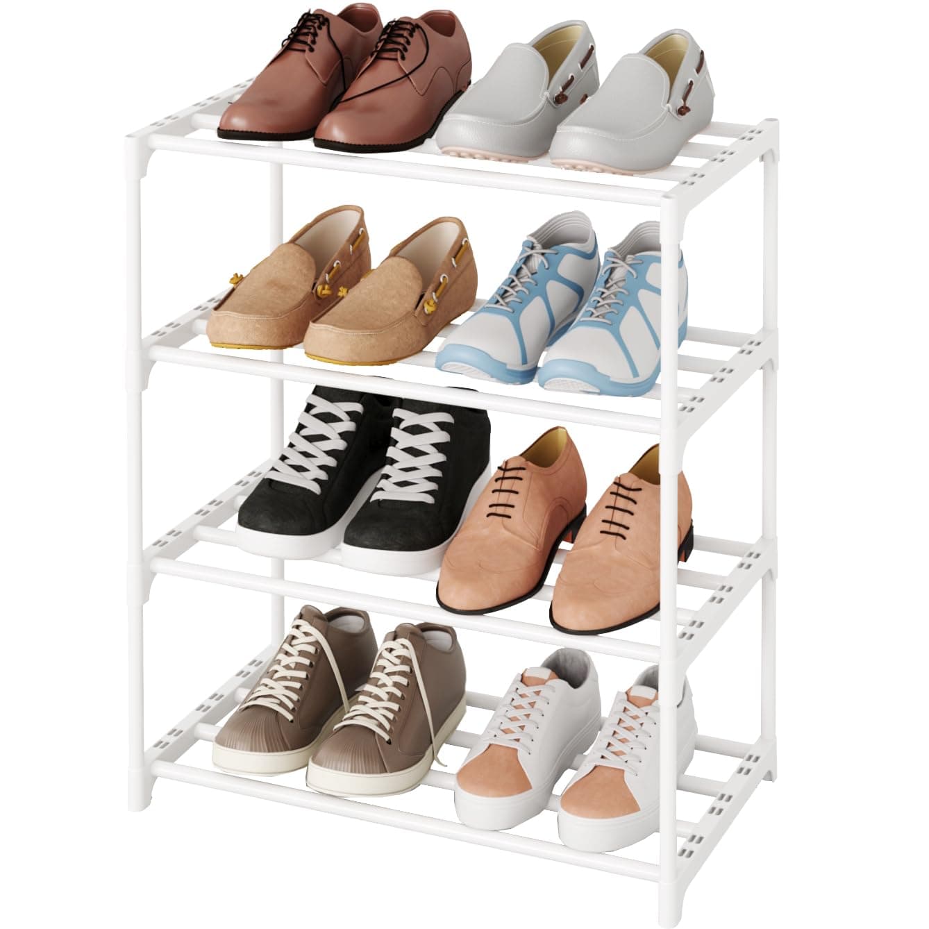 TAUEHR Metal Small Shoe RackStackable Kids Shoe StandNarrow Shoe Storage Shelf for 810 Pairs of Shoes Entryway And Closet Hallway 4Tier White