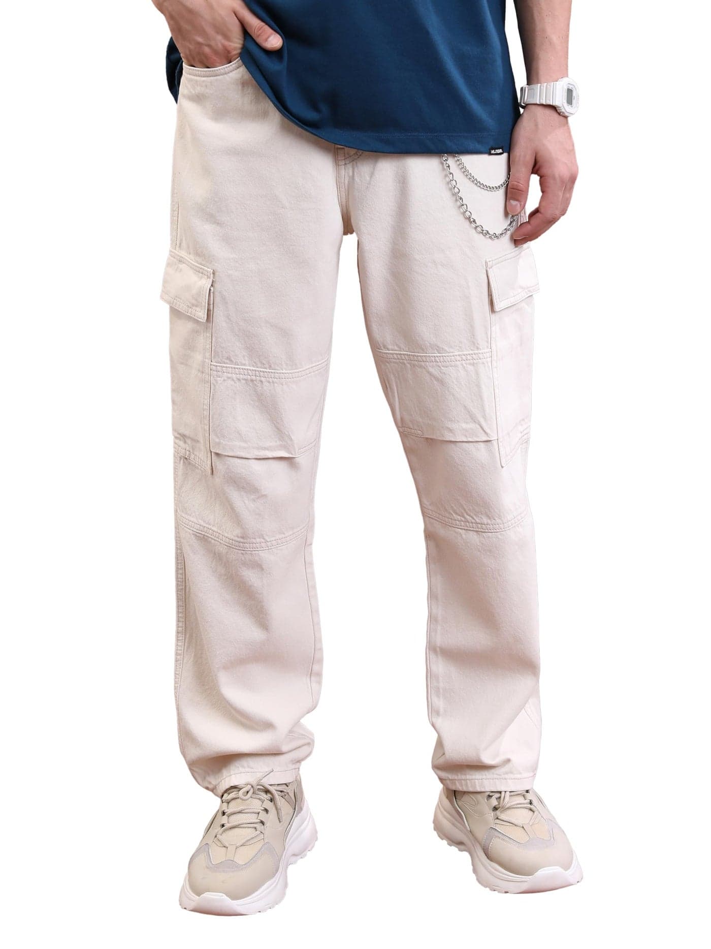 Highlander Men Relaxed Fit Mid-Rise Clean Look Cargo Jeans Cream