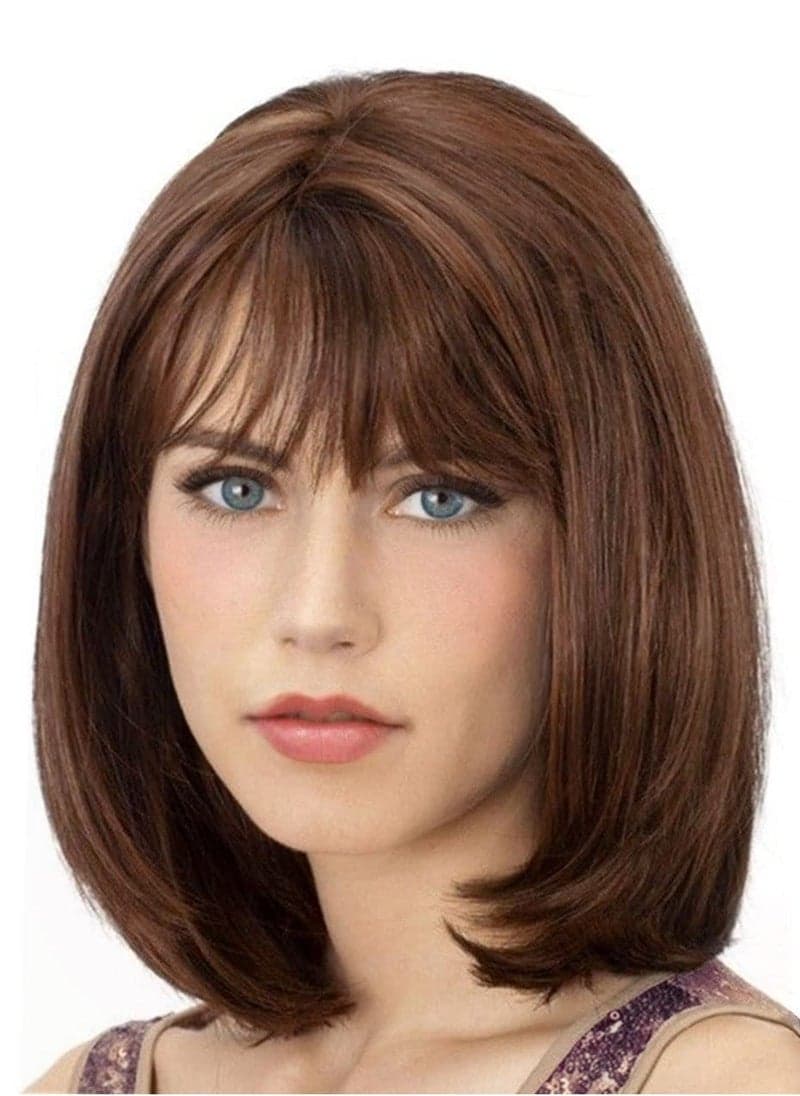 Short Bob Wigs With Bangs Brown Straight Hair Daily Costume Wig For Women Soft Heat Resistant Fiber Synthetic Hair Replacement Wig Fashion Wig Hair For Girls Women Daily Use 12 Inch