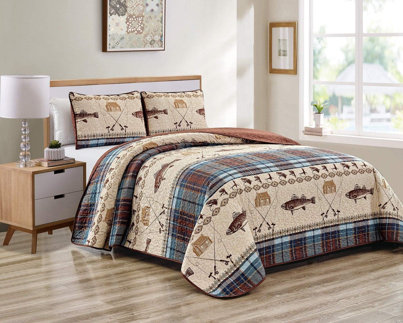 River Fly Fishing Rustic Cabin Lodge Quilt Bedspread Bedding Set with Fishing and Southwestern Plaid Tweed Patterns Blue Brown River Lodge King CalKing