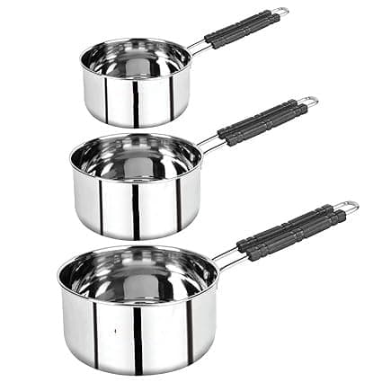 VARSHA INTERNATIONAL Stainless Steel Sauce Pan Set of 3 Sauce Pan Milk Pan Tapeli Patila Induction Base 2 Litre,1.5 Litre, 1 Litre Milk Boiler Cookware with Handle