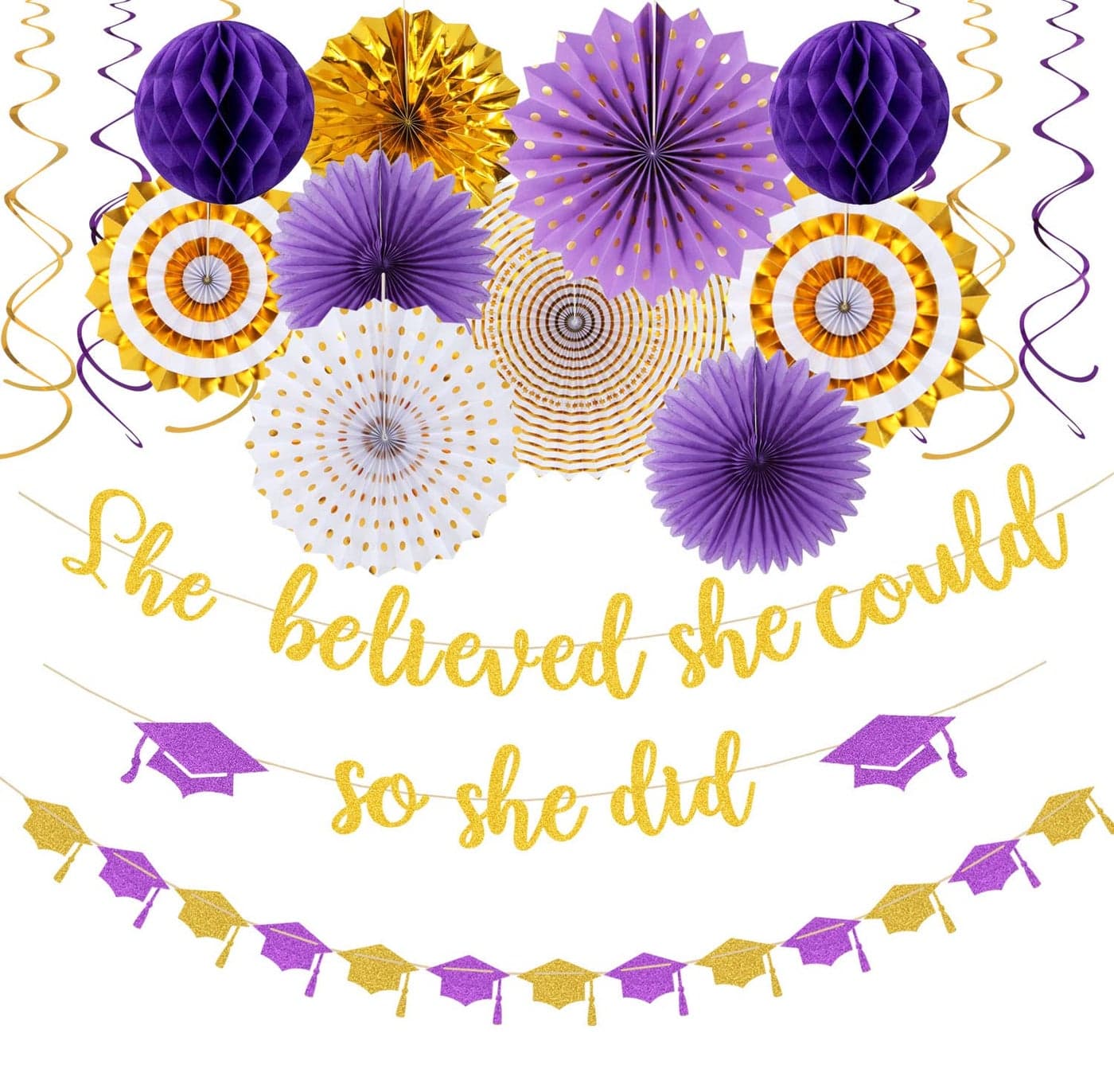 PurpleGold White PartyDecorations Graduation BannerStreamers 18pcs Kits 2025 Congratulations Grad She Believed She Could So She Did GarlandPaper Tissue Pom Poms FanHoneycomb Lanterns Panduola
