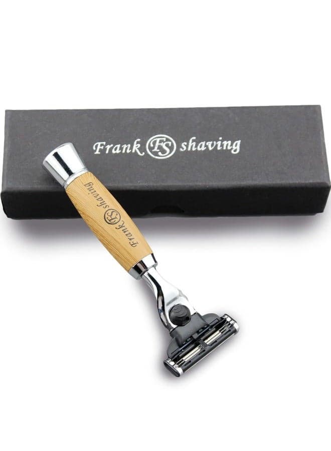 Manual Razor, 3 Blade Razor with Natural Bamboo Handle,Unisex Sustainable Razor Diamond Wood Grain Pattern Handle Shaving Razor
