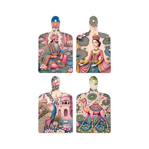 Artvibes Camel Peacock & Beautiful Women Royal Pichwai Art Wooden Wall Hanger for Home Decor | Printed Wall Decoration | Graphic Artwork | Aesthetic Wooden Decor | Ideal Gifts (WH_5626N), Set of 4