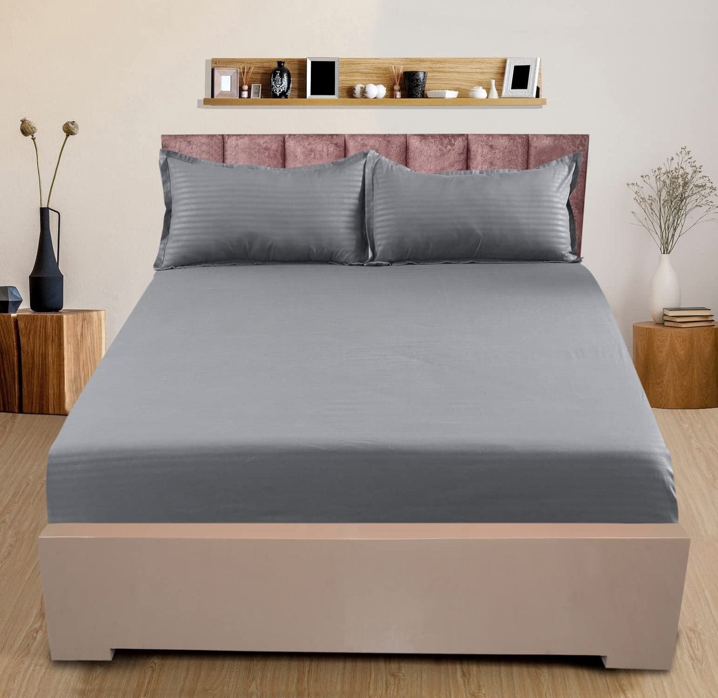 Nendle 300 TC Cotton Elastic Fitted Striped Bedsheets For Double Bed Queen Size 78X60 Inches With 2 Pillow Covers (Fits Upto Mattress Of 10 Inches, Grey)