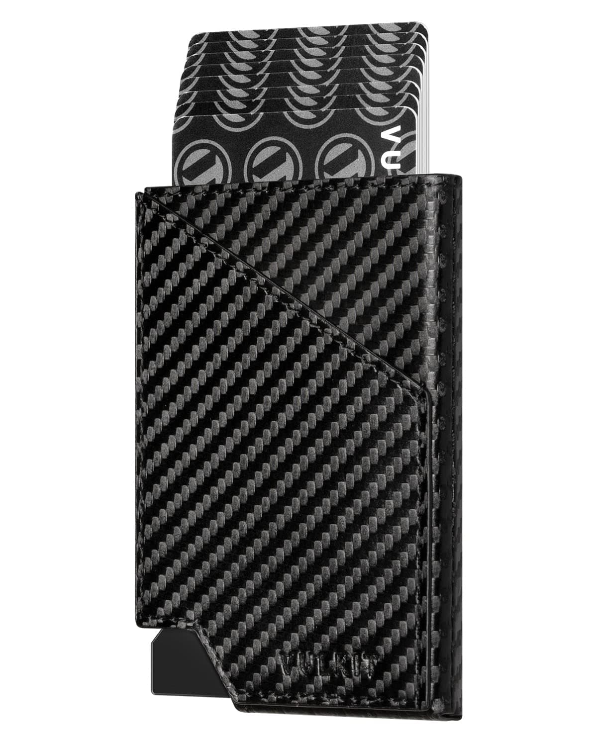 VULKIT Pop up Card Wallet RFID Blocking Slim Aluminum Metal Bank Card Holder Case with Business Money Pocket for Credit Cards Notes and Coins (Carbon Fiber Black)