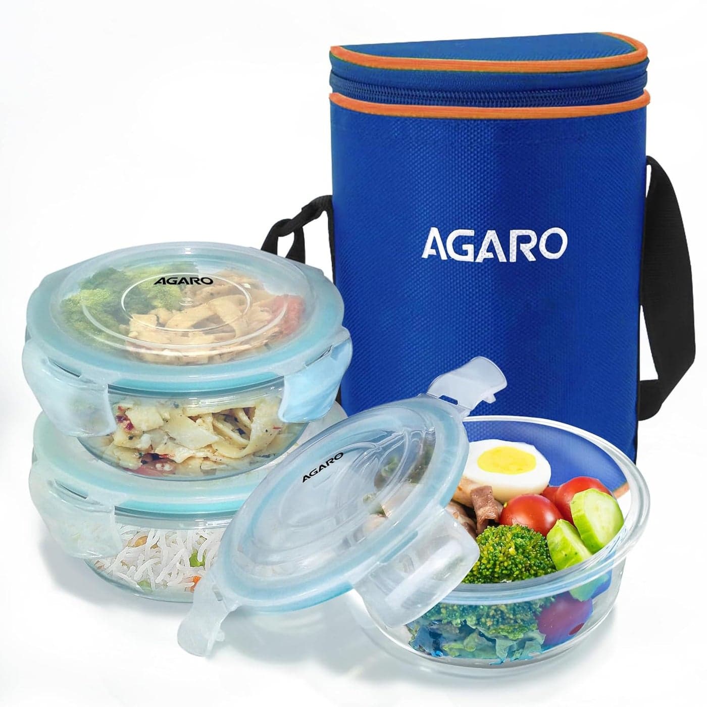 AGARO Elite Borosilicate Glass Lunch Box, 3pcs Set, 400ml Each, Office Tiffin Box with Bag, Men & Women, Round Shaped, Leak Proof & Airtight Locking Lid, Microwave & Freezer Safe, Transparent