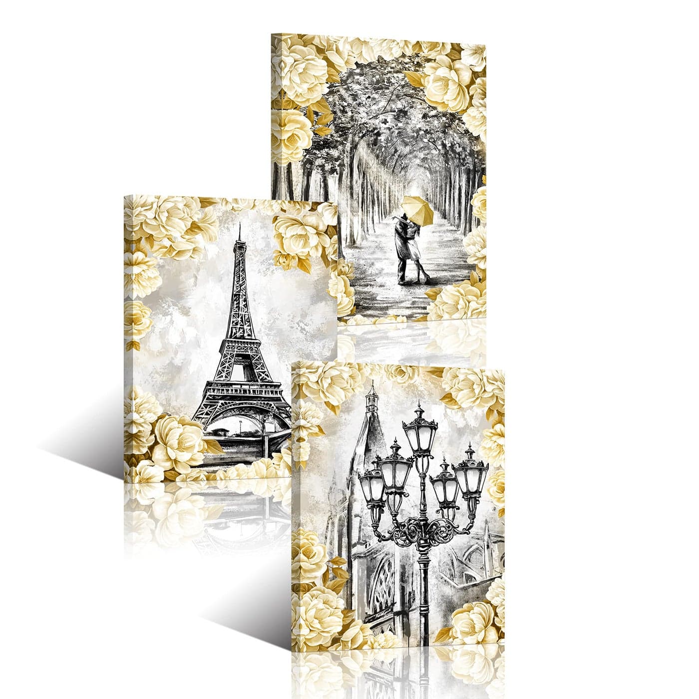 HOMEOART Paris Landscape Wall Art Eiffel Tower Painting Wall Decor Black and White Romantic Paris Street Lovers with Yellow Umbrella Bedroom Wall Decor 12x16x3 Panels