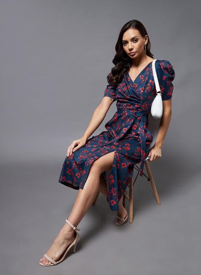 Miss Chase Floral Print Pocket Detail Wrap Midi Dress — M