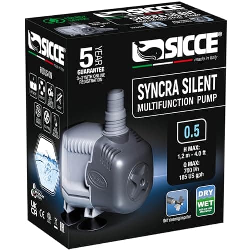 SICCE Syncra Silent 0.5 Multifunction 185 GPH Submersible Water Pump | Italian Made 8W Ultra Quiet Durable for Aquarium Fish Tank, Fountain, Pond, Hydroponics, Terrarium Black | Freshwater & Saltwater