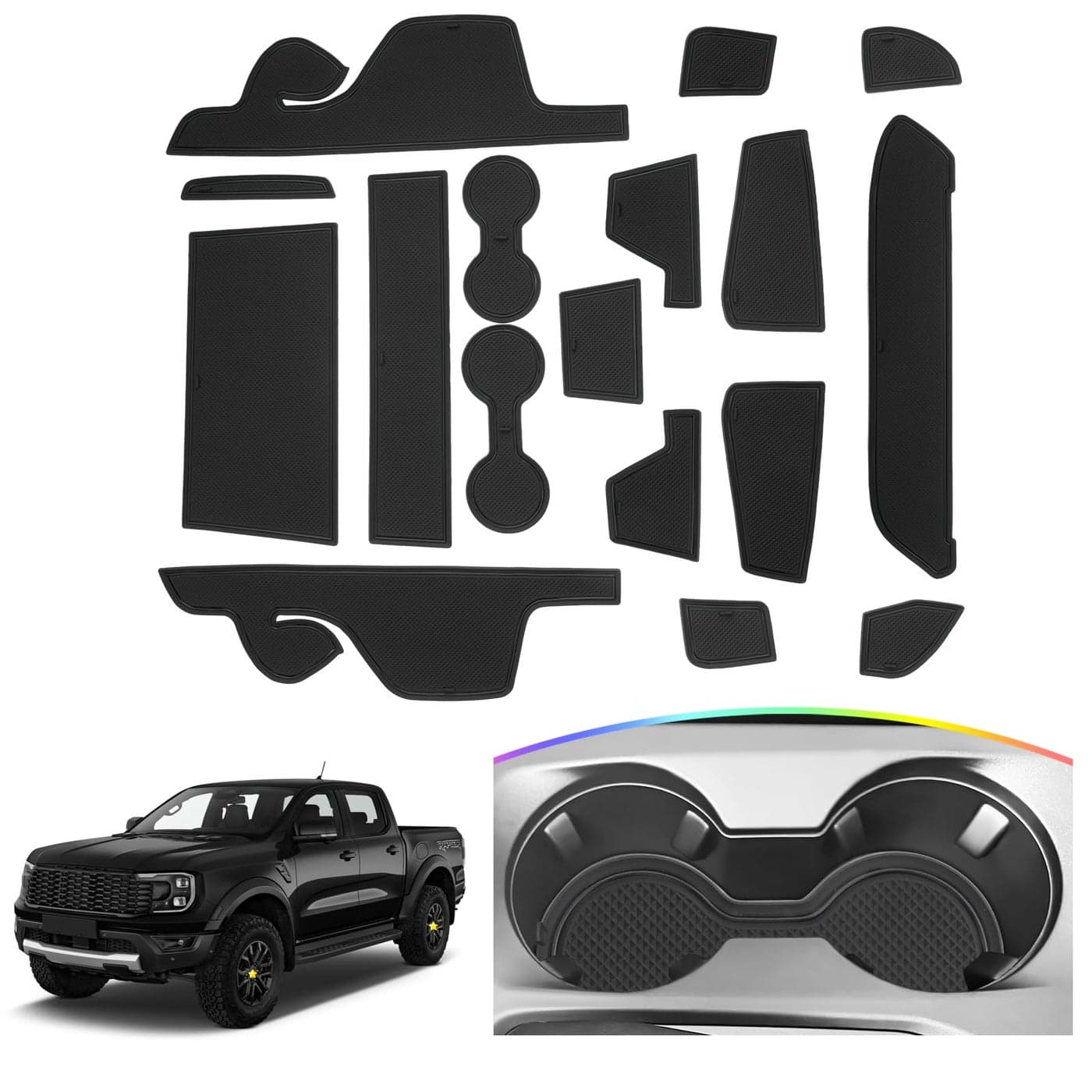 SKTU Upgrade Door Slot Mat for 2024 2025 2026 Ford Ranger Door Groove Gate Pad Ford Ranger 2024 2025 2026 Accessories 17Pcs Fit 2024 2025 2026 Ranger Raptor Door Compartment Console Liners Black