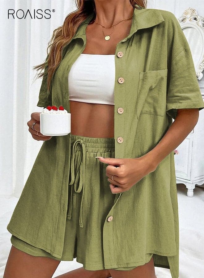 Women's Summer Short Sets 2 Piece Shorts Top Lounge Beach Vacation Two Piece Outfits Tracksuits Solid Color Shirt Suit Casual Loose Short Sleeve Green
