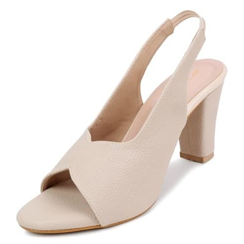 TRASE Women's Ankle Strap Block Heels Sandals| Fashionable Sandals for Women & Girls | Light weight, Soft Footbed, Comfortable & Stylish - 47067, Cream, 7 UK