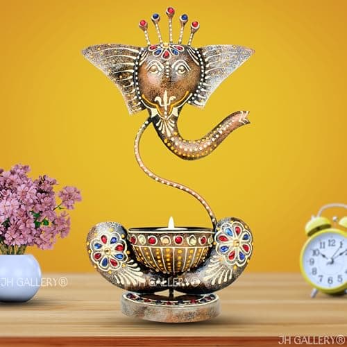 JH Gallery Handcrafted Metal Ganesha Tealight Candle Holder for Home Decor/Showpiece Decorations Items for Home, Living Room, Pooja Room-Corporate Gift Items (Antique Black),Black Matty