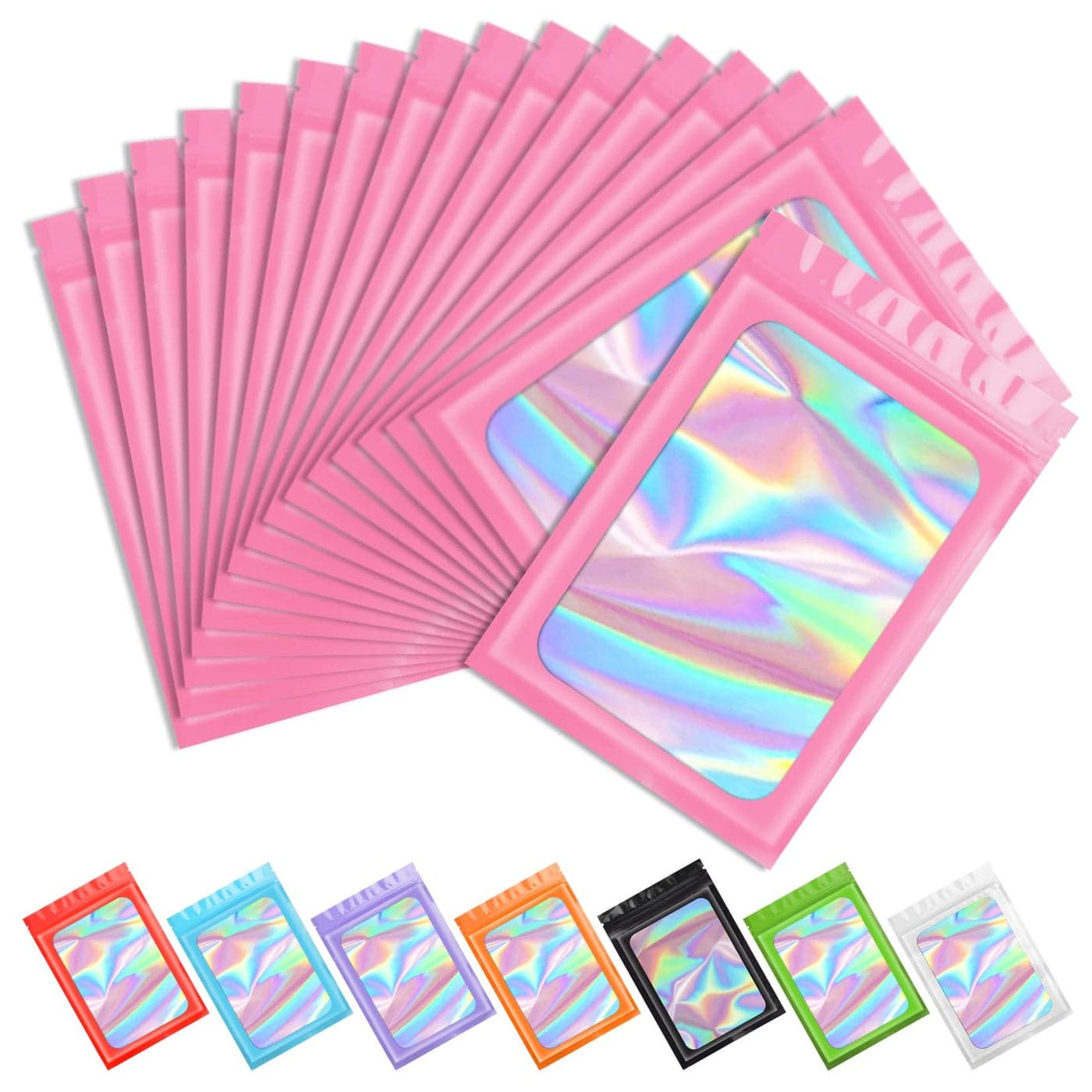 Funfery 100 pcs Pink Holographic Mylar Packaging Bags Clear Sealing Resealable Smell Proof Bag Foil Pouch Zipper Bag for Food StorageLipglossJewelryEyelash Packaging for Small Business4x6In