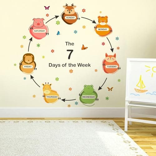 StickMe '7 Days of The Week - Cute -Animals -Baby -Kids -Learning -Education -Nursery -Pre School -Kinder Garden - Creative - Colorful - Wall Sticker' -Sm703 (Multi Colour, Vinyl - 130Cm X 130 Cm)